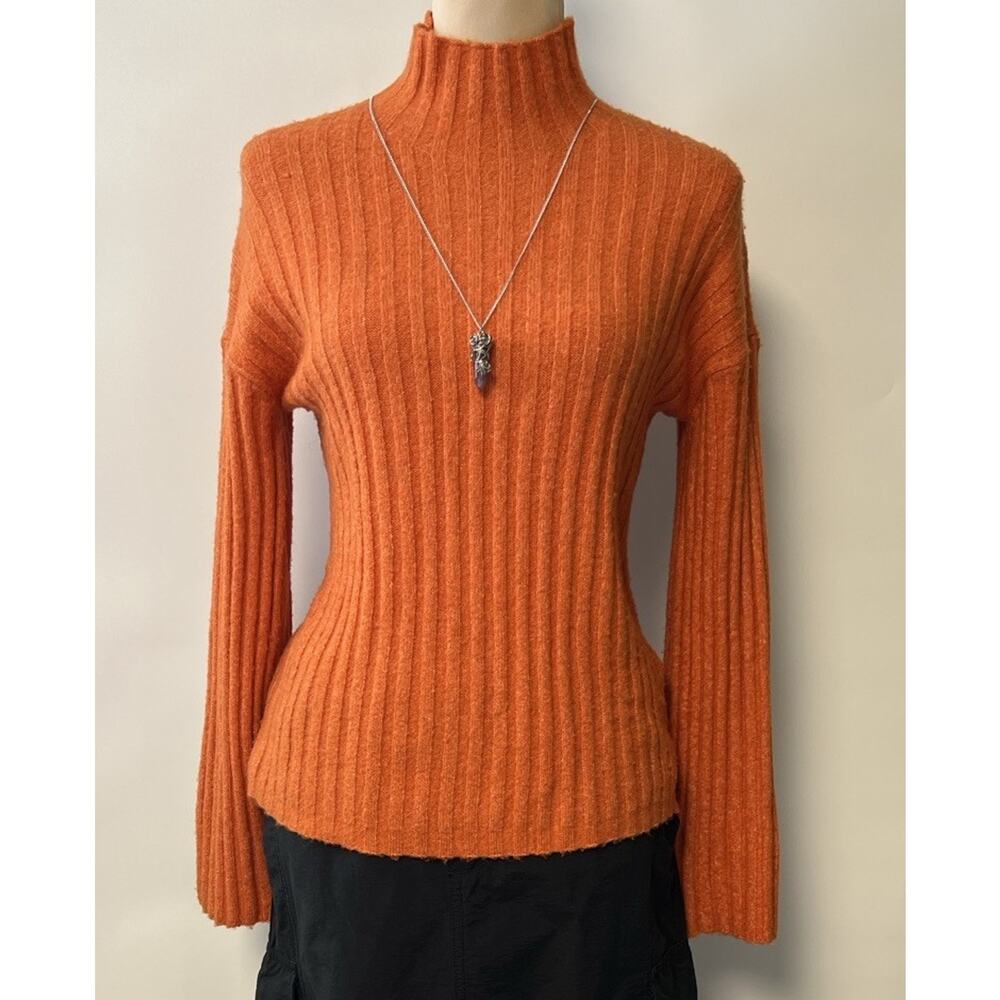 Ribbed Mock Neck Sweater Fuzzy Knit Y2K XS Bell‎ Slit Sleeve Orange Boho Hippie